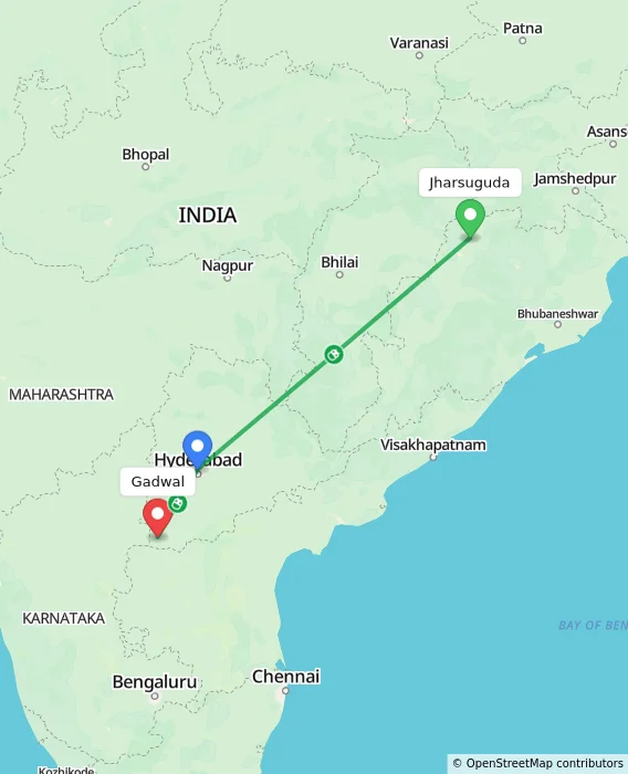 Route map showing distance and travel time from Jharsuguda, India to Gadwal, India