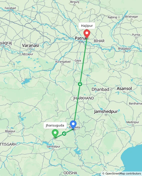 Route map showing distance and travel time from Jharsuguda, India to Hajipur, India