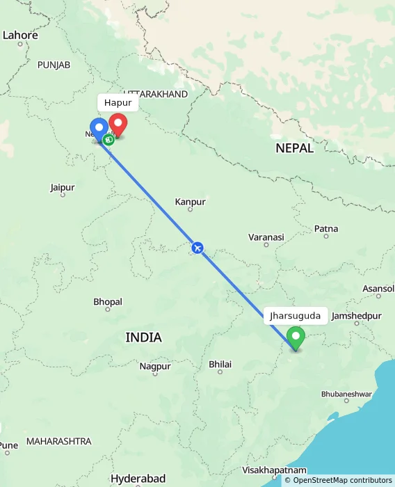 Route map showing distance and travel time from Jharsuguda, India to Hapur, India