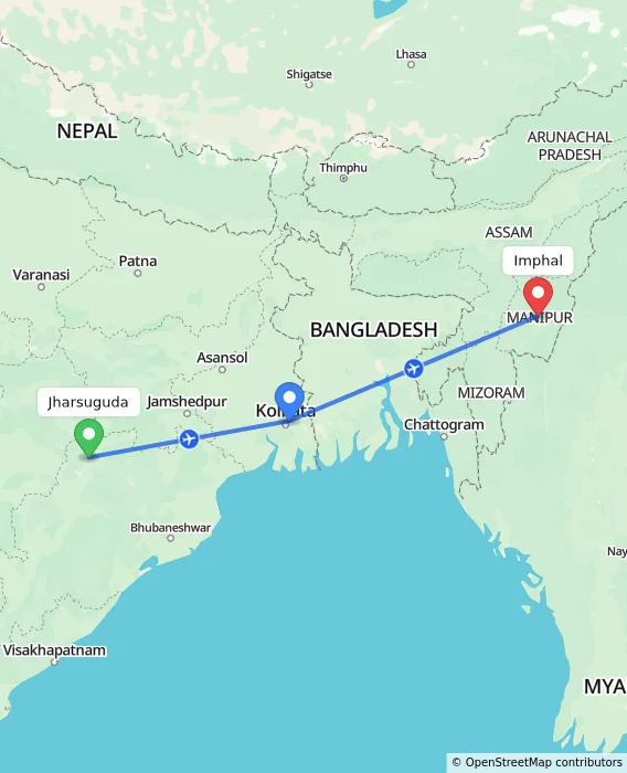 Route map showing distance and travel time from Jharsuguda, India to Imphal, India