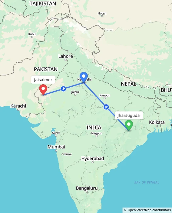 Route map showing distance and travel time from Jharsuguda, India to Jaisalmer, India