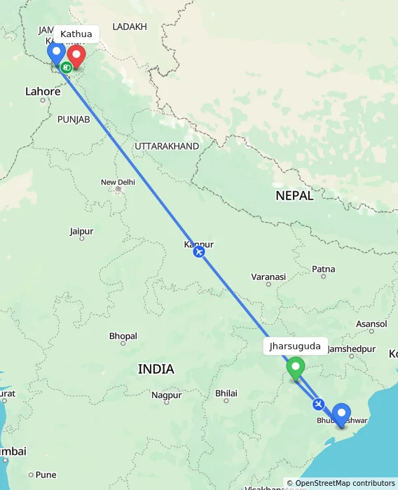 Route map showing distance and travel time from Jharsuguda, India to Kathua, India