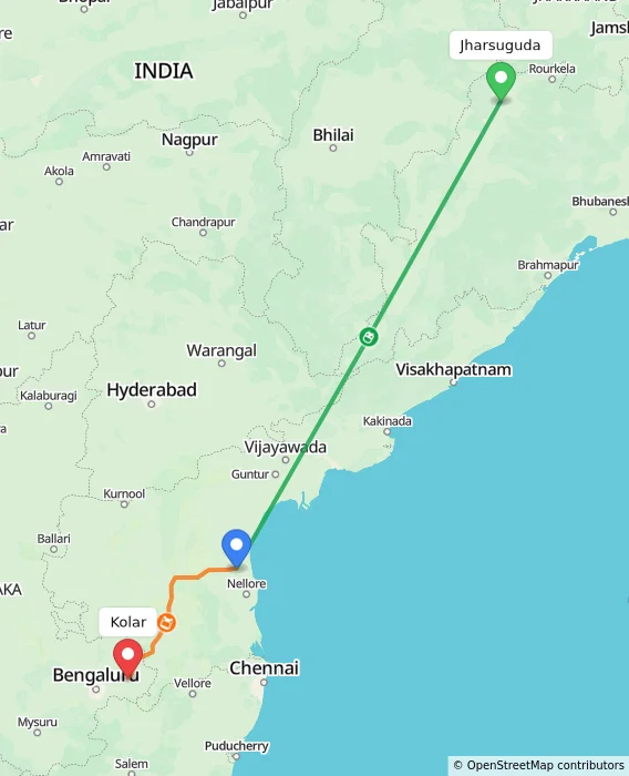 Route map showing distance and travel time from Jharsuguda, India to Kolar, India