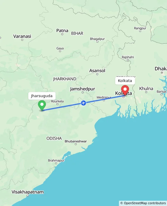 Route map showing distance and travel time from Jharsuguda, India to Kolkata, India