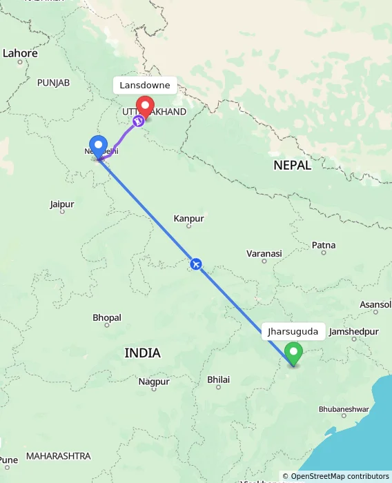 Route map showing distance and travel time from Jharsuguda, India to Lansdowne, India