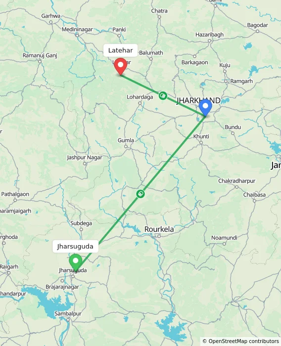 Route map showing distance and travel time from Jharsuguda, India to Latehar, India