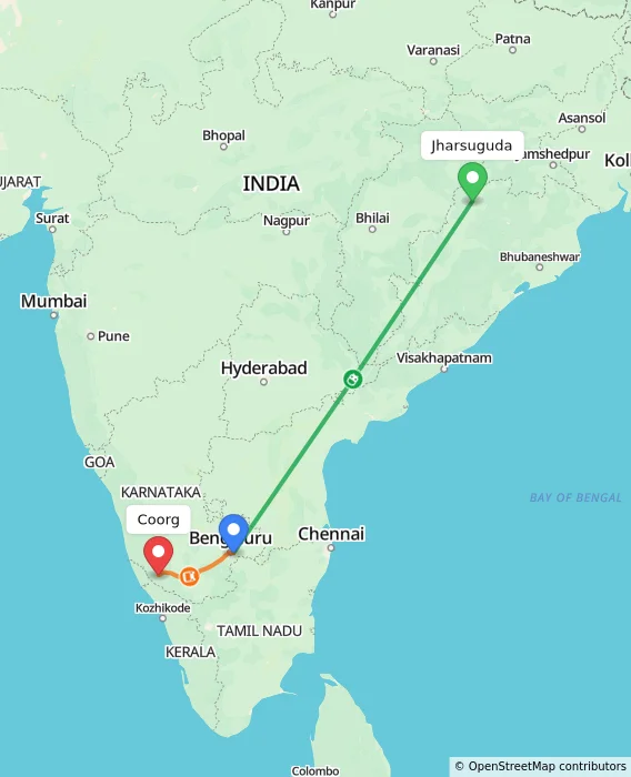 Route map showing distance and travel time from Jharsuguda, India to Madikeri, India