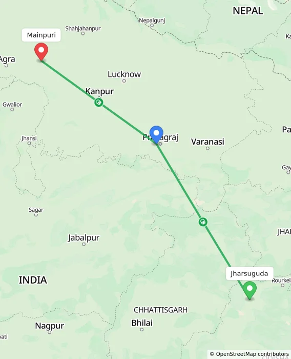 Route map showing distance and travel time from Jharsuguda, India to Mainpuri, India
