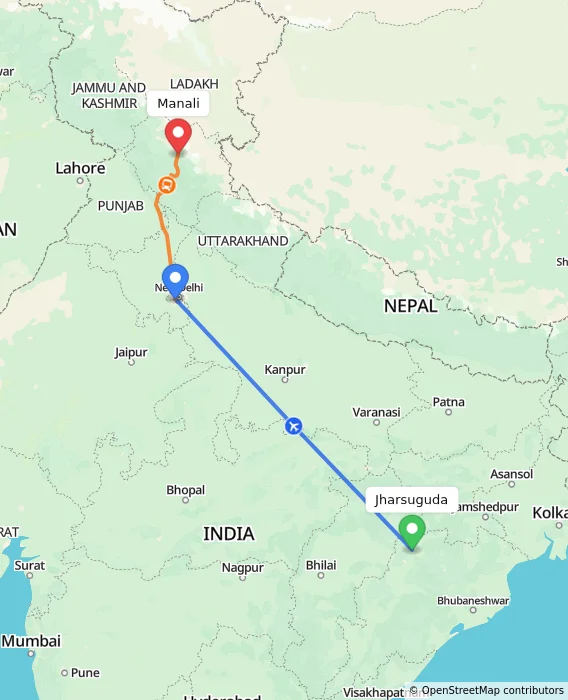 Route map showing distance and travel time from Jharsuguda, India to Manali, India