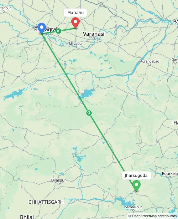 Route map showing distance and travel time from Jharsuguda, India to Mariahu, India