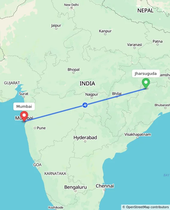 Route map showing distance and travel time from Jharsuguda, India to Mumbai, India