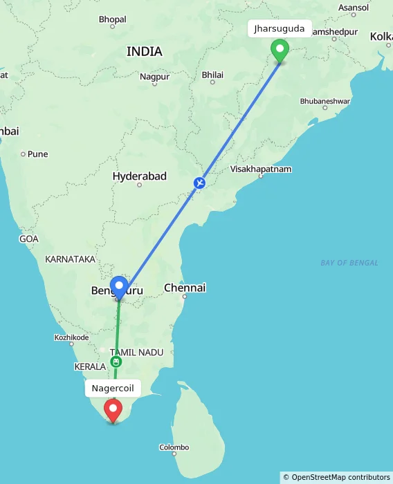 Route map showing distance and travel time from Jharsuguda, India to Nagercoil, India
