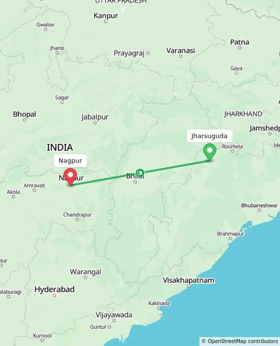 Route map showing distance and travel time from Jharsuguda, India to Nagpur, India
