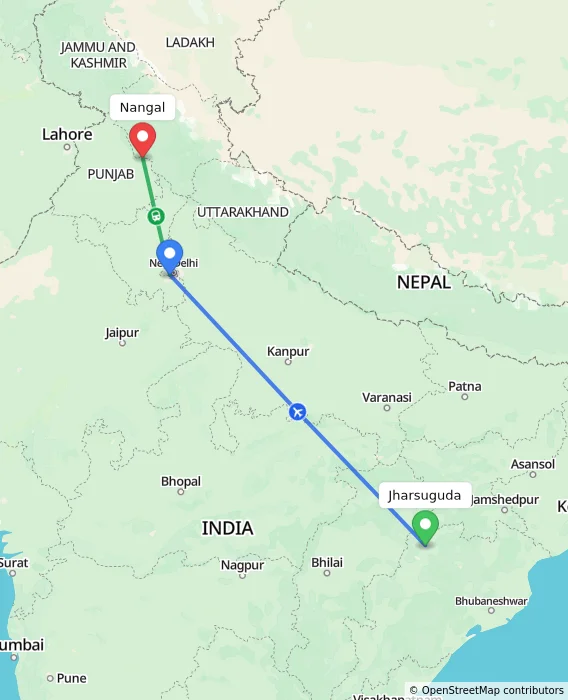 Route map showing distance and travel time from Jharsuguda, India to Nangal, India