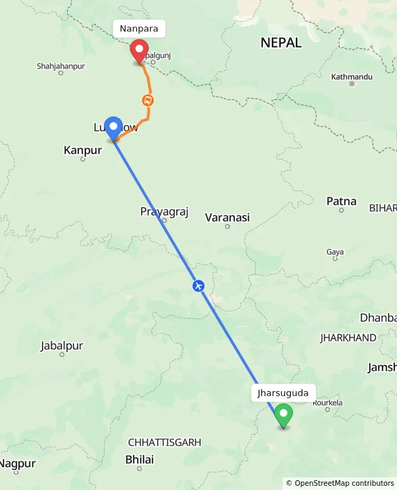 Route map showing distance and travel time from Jharsuguda, India to Nanpara, India
