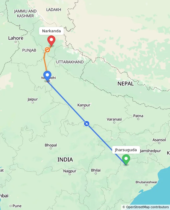 Route map showing distance and travel time from Jharsuguda, India to Narkanda, India