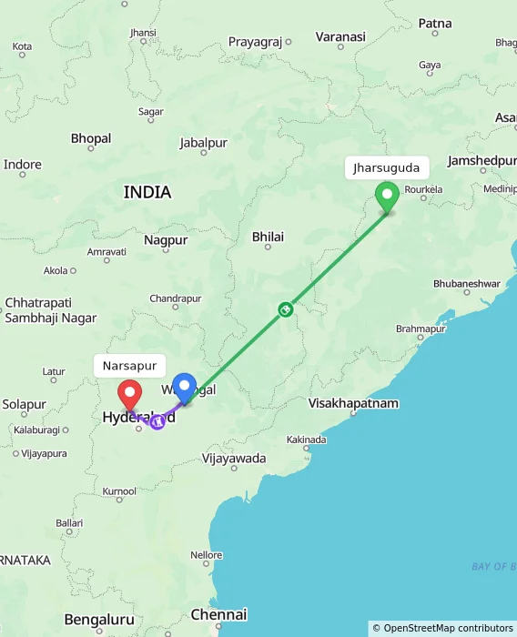 Route map showing distance and travel time from Jharsuguda, India to Narsapur, India