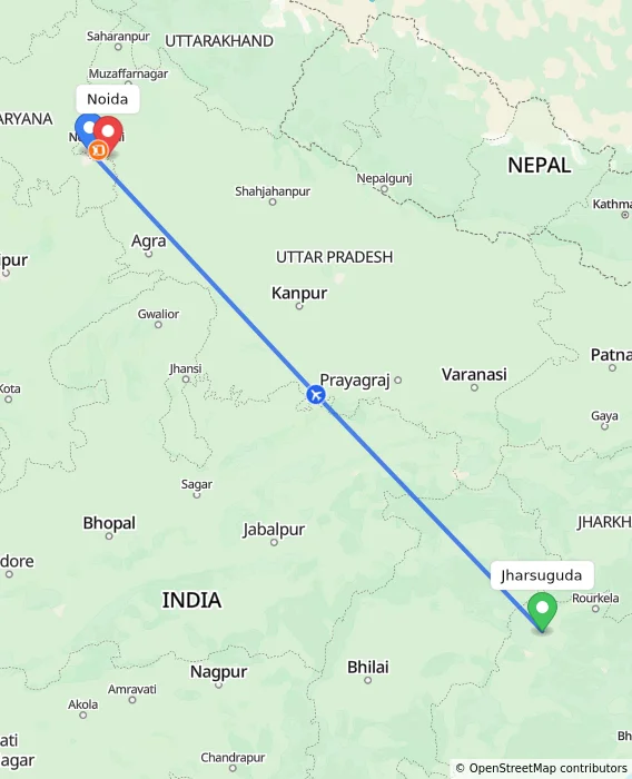 Route map showing distance and travel time from Jharsuguda, India to Noida, India