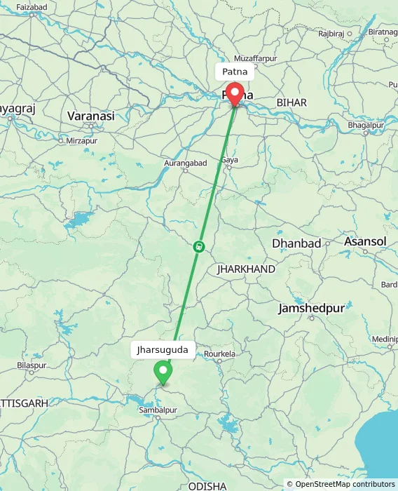 Route map showing distance and travel time from Jharsuguda, India to Patna, India