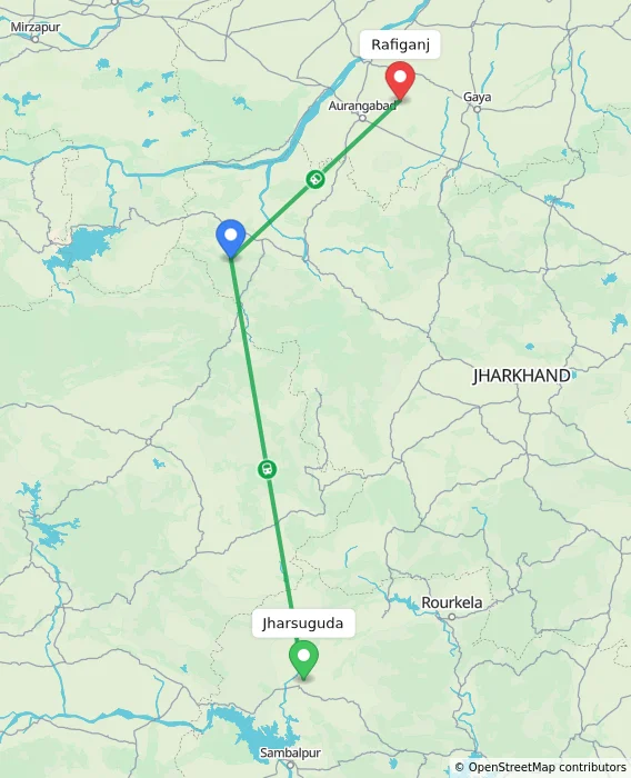Route map showing distance and travel time from Jharsuguda, India to Rafiganj, India