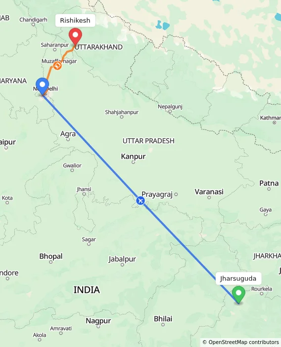 Route map showing distance and travel time from Jharsuguda, India to Rishikesh, India