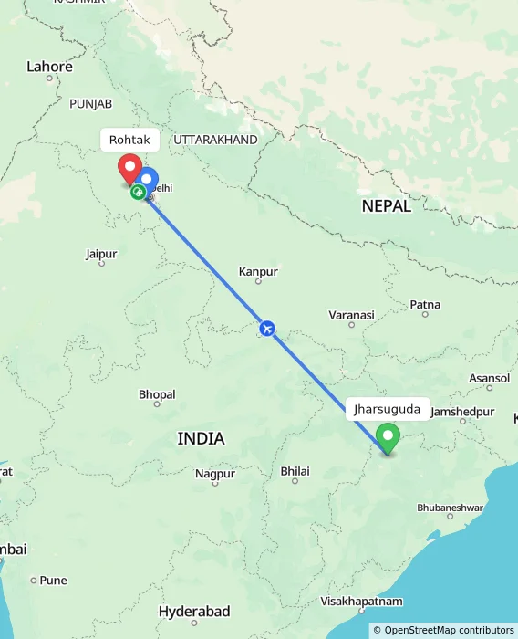 Route map showing distance and travel time from Jharsuguda, India to Rohtak, India