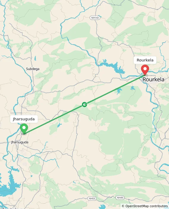 Route map showing distance and travel time from Jharsuguda, India to Rourkela, India