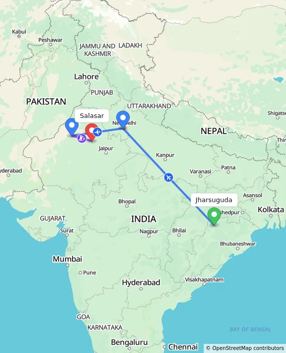 Route map showing distance and travel time from Jharsuguda, India to Salasar, India