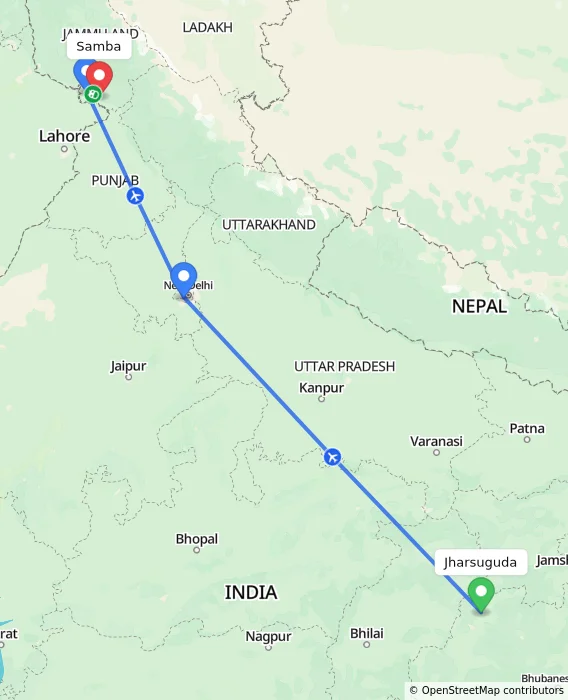 Route map showing distance and travel time from Jharsuguda, India to Samba, India