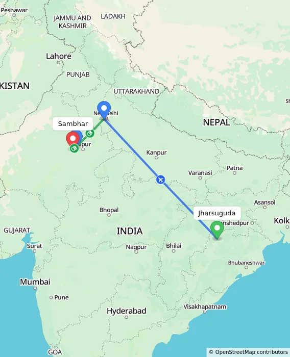 Route map showing distance and travel time from Jharsuguda, India to Sambhar, India