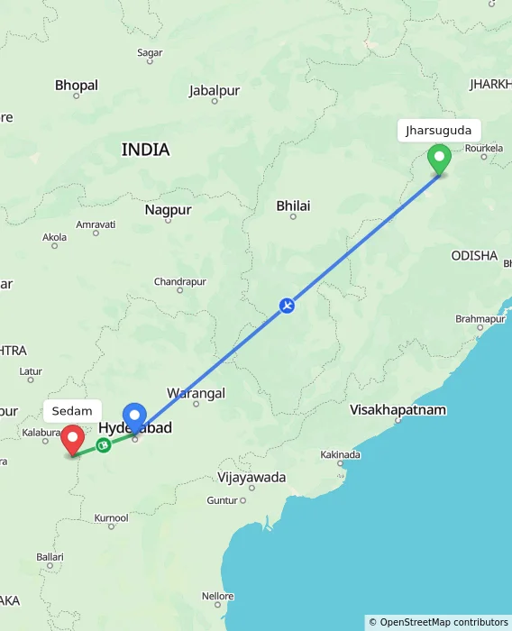 Route map showing distance and travel time from Jharsuguda, India to Sedam, India