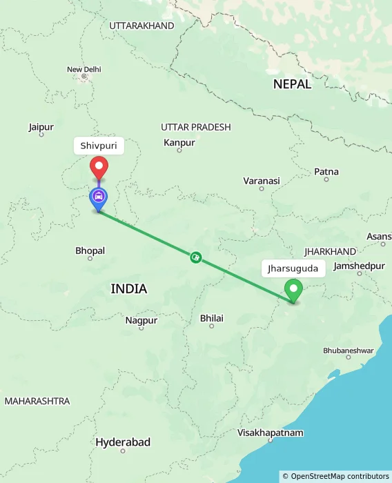 Route map showing distance and travel time from Jharsuguda, India to Shivpuri, India