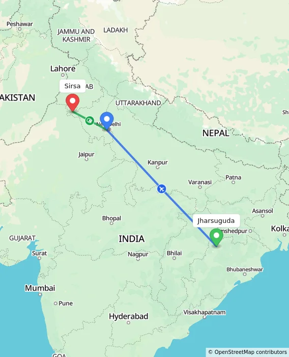 Route map showing distance and travel time from Jharsuguda, India to Sirsa, India