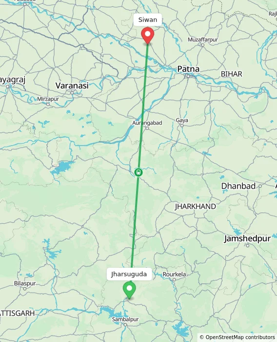 Route map showing distance and travel time from Jharsuguda, India to Siwan, India