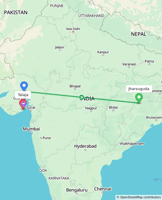 Route map showing distance and travel time from Jharsuguda, India to Talaja, India