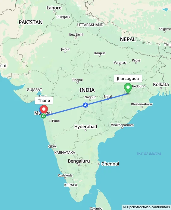Route map showing distance and travel time from Jharsuguda, India to Thane, India
