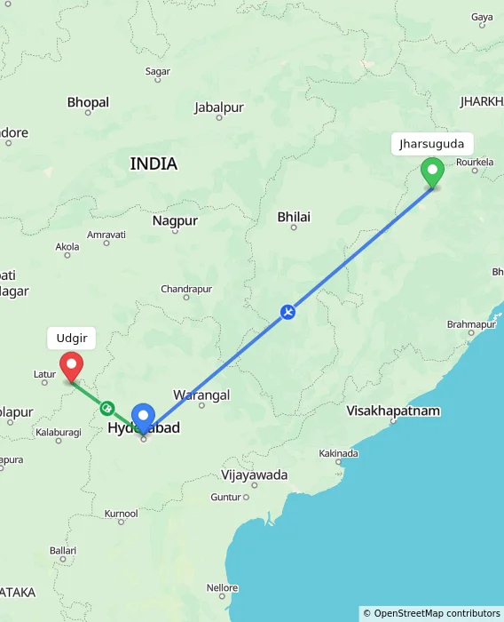 Route map showing distance and travel time from Jharsuguda, India to Udgir, India