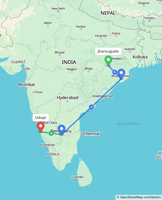 Route map showing distance and travel time from Jharsuguda, India to Udupi, India
