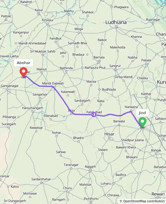 Route map showing distance and travel time from Jind, India to Abohar, India