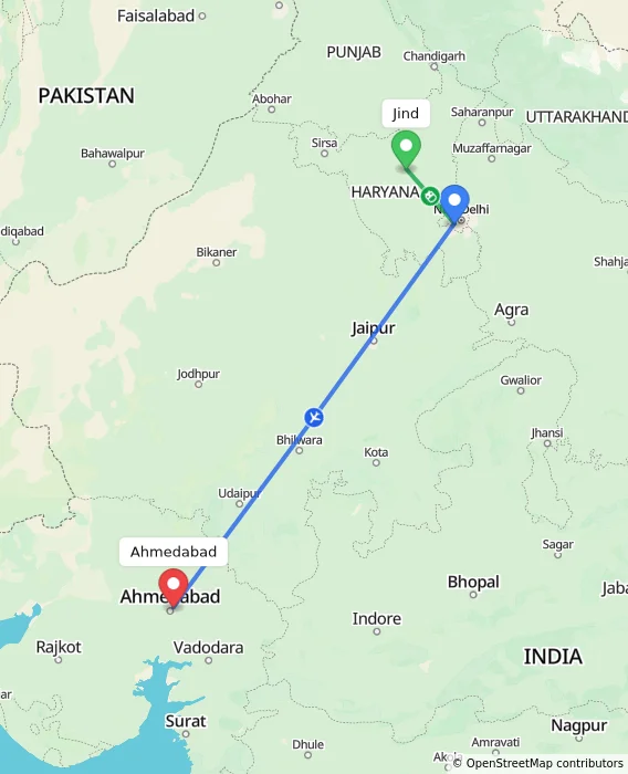 Route map showing distance and travel time from Jind, India to Ahmedabad, India