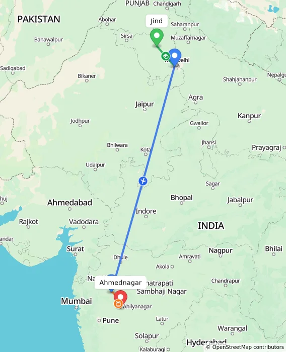 Route map showing distance and travel time from Jind, India to Ahmednagar, India
