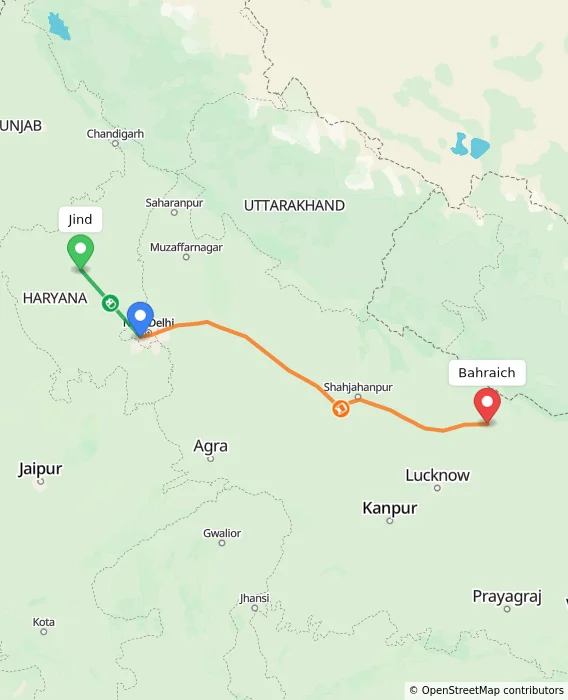 Route map showing distance and travel time from Jind, India to Bahraich, India