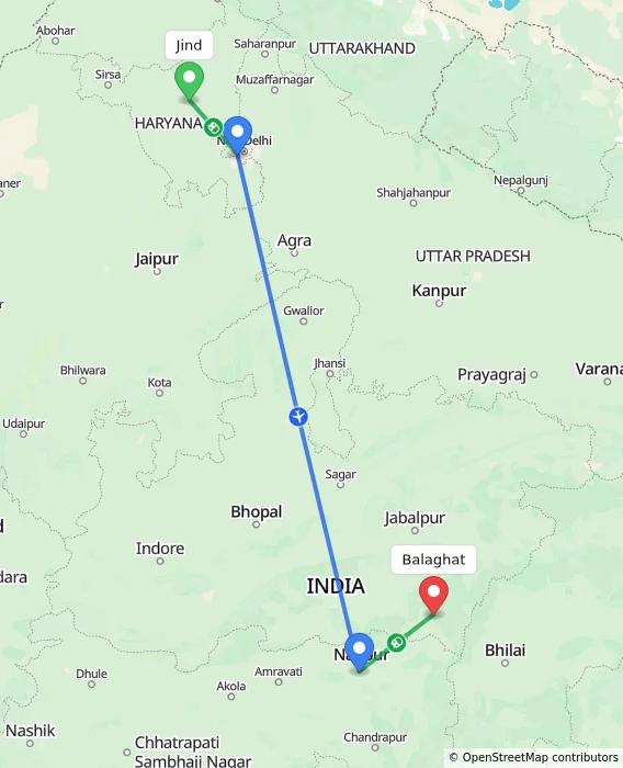 Route map showing distance and travel time from Jind, India to Balaghat, India