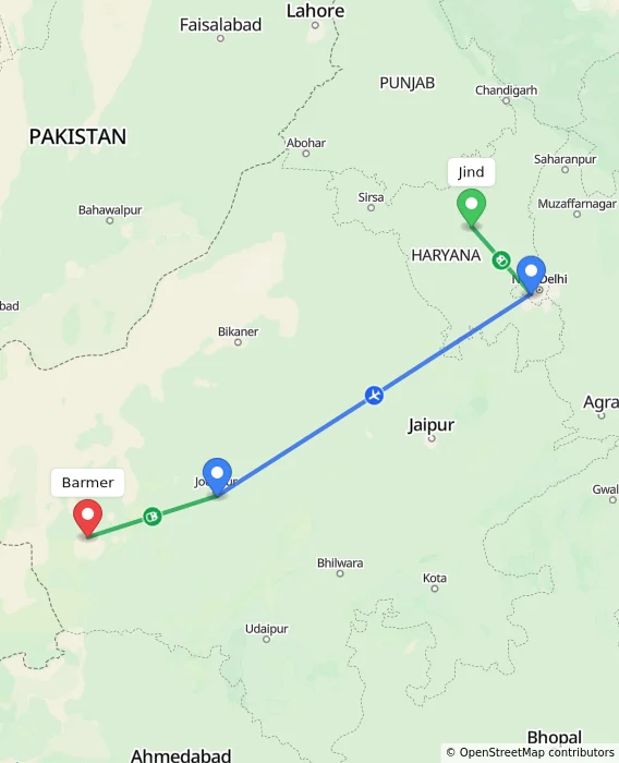 Route map showing distance and travel time from Jind, India to Barmer, India