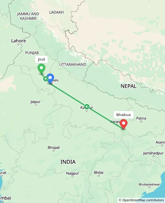 Route map showing distance and travel time from Jind, India to Bhabua, India