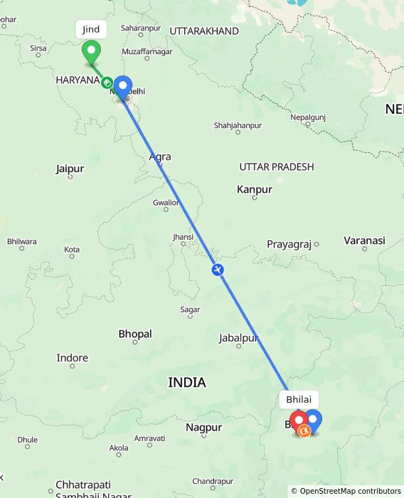 Route map showing distance and travel time from Jind, India to Bhilai, India