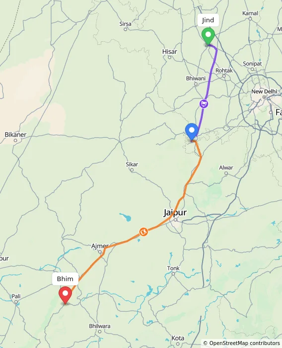 Route map showing distance and travel time from Jind, India to Bhim, India