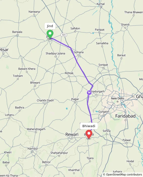 Route map showing distance and travel time from Jind, India to Bhiwadi, India