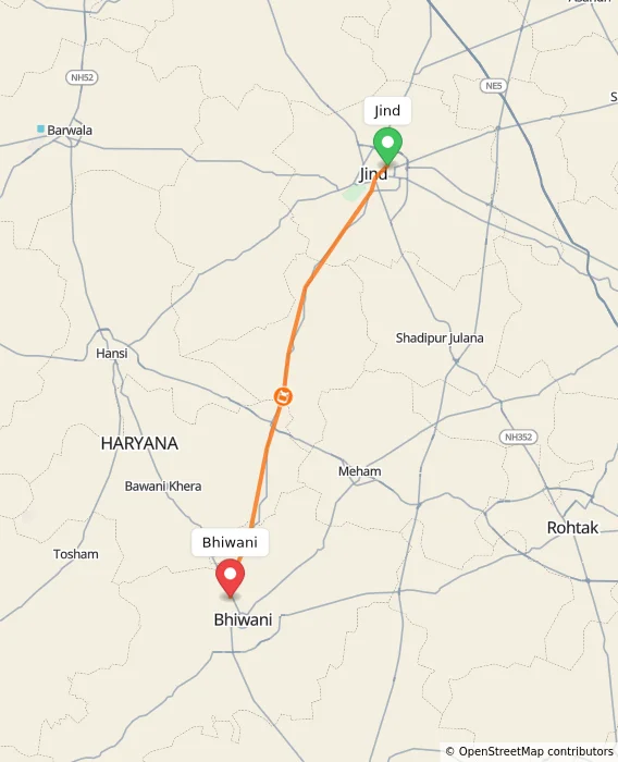 Route map showing distance and travel time from Jind, India to Bhiwani, India
