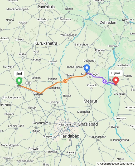 Route map showing distance and travel time from Jind, India to Bijnor, India
